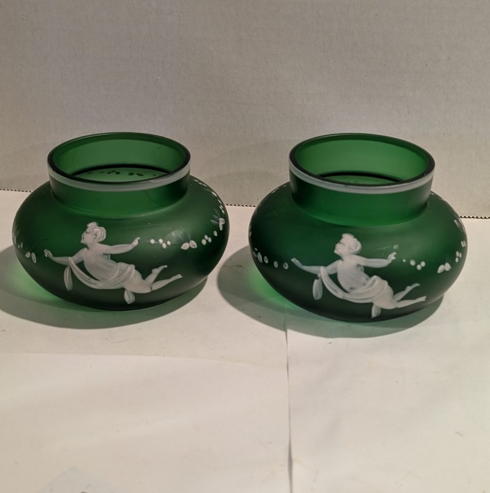 2 Green Art Glass Rose Bowl, Victorian or Art Nouveau With White Enamel Cupid.